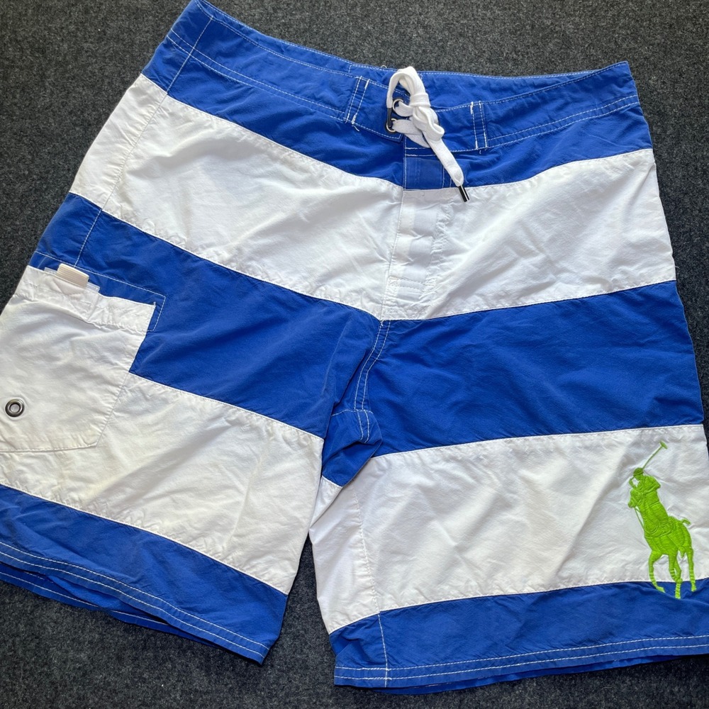 Polo Ralph Lauren Swim Trunks Mens 30 Blue White Big Pony Striped Board Shorts